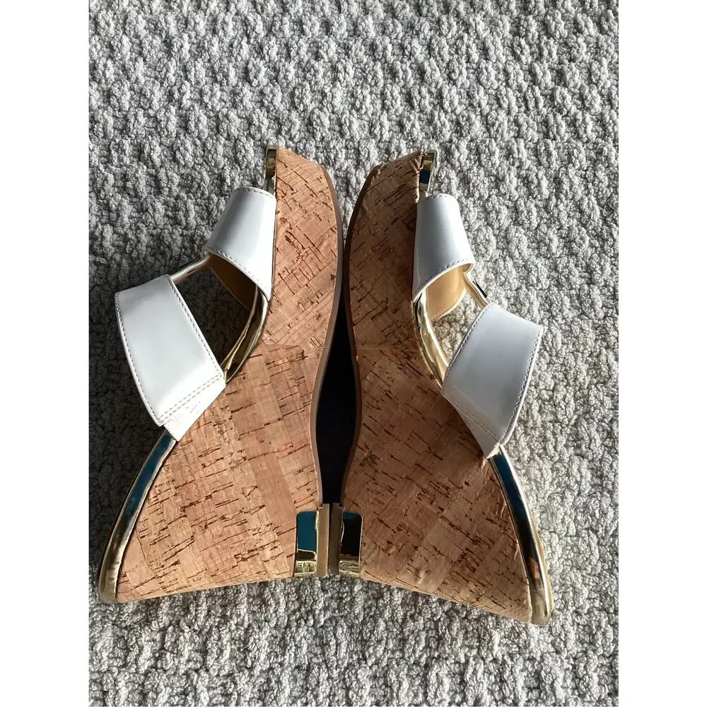 Marc Fisher Women's wedges sandals white straps gold tones cork platform heel 7